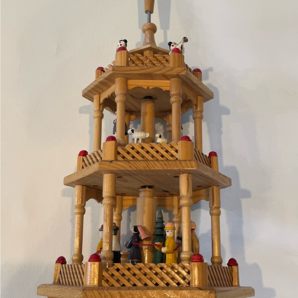 3 Tier Christmas Pyramid Nativity German Carousel Wooden 17"